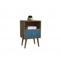 Manhattan Comfort 203AMC93 Liberty Mid Century - Modern Nightstand 1.0 with 1 Cubby Space and 1 Drawer in Rustic Brown and Aqua Blue 